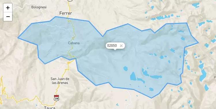 Mapa de la zona del código postal 02850 en Cabana, Ancash