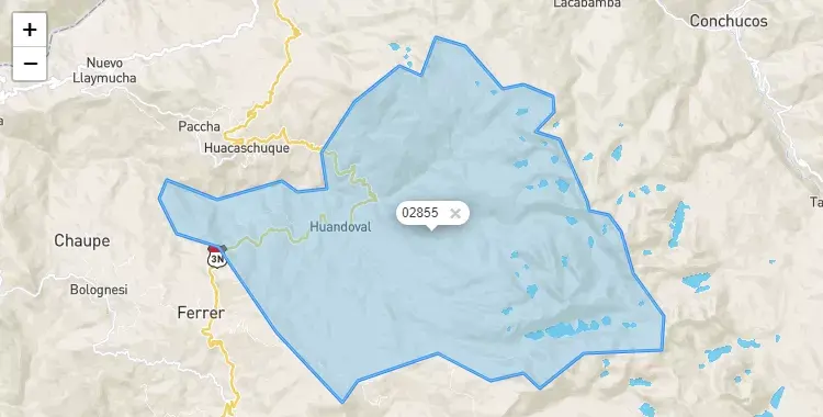 Mapa de la zona del código postal 02855 en Huandoval, Ancash