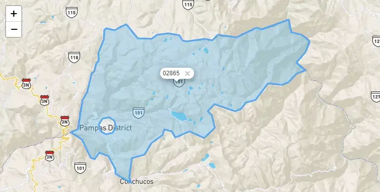 Mapa de la zona del código postal 02865 en Pampas, Ancash