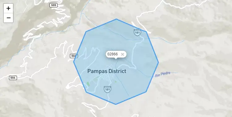 Mapa de la zona del código postal 02866 en Pampas, Ancash