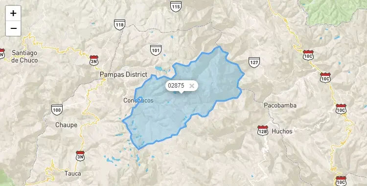 Mapa de la zona del código postal 02875 en Conchucos, Ancash