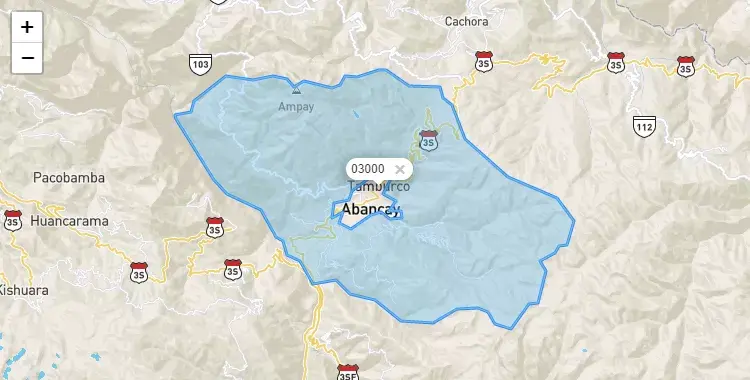 Mapa de la zona del código postal 03000 en Tamburco, Apurimac