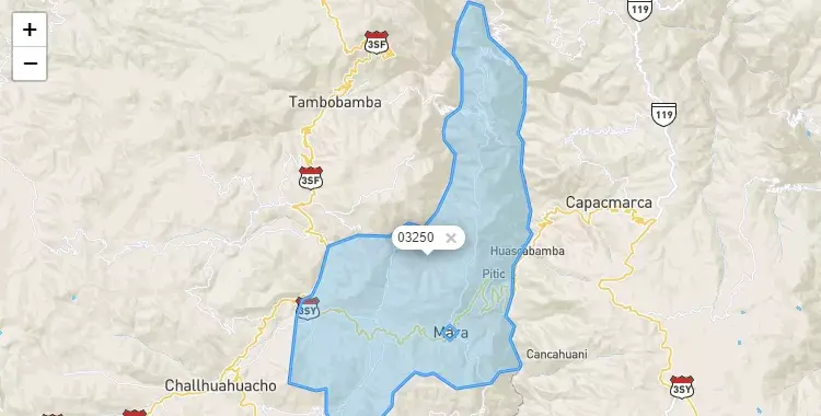 Mapa de la zona del código postal 03250 en Mara, Apurimac