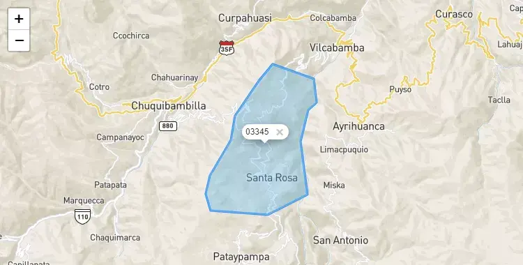Mapa de la zona del código postal 03345 en Santa Rosa, Apurimac