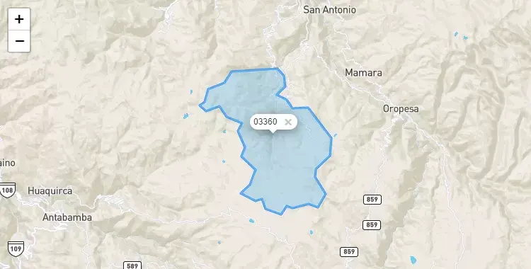 Mapa de la zona del código postal 03360 en Virundo, Apurimac