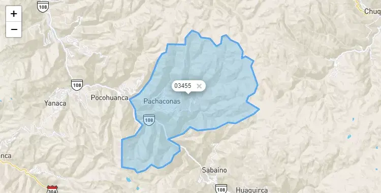 Mapa de la zona del código postal 03455 en Pachaconas, Apurimac