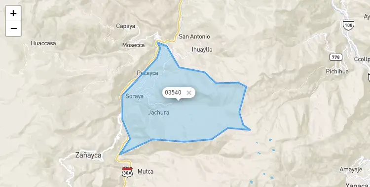 Mapa de la zona del código postal 03540 en Soraya, Apurimac
