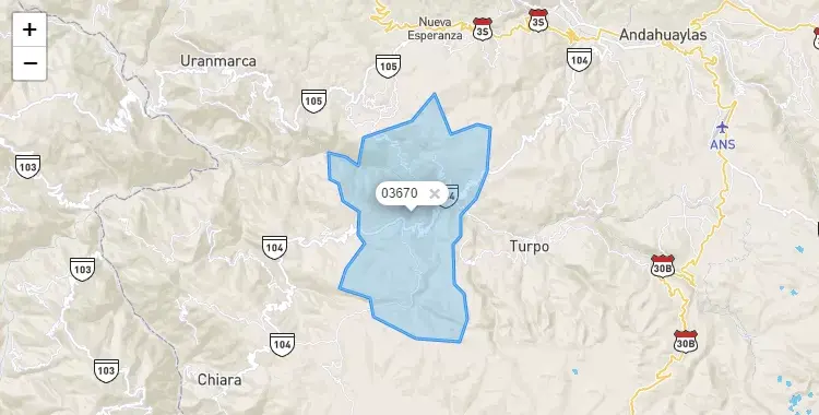 Mapa de la zona del código postal 03670 en Huancaray, Apurimac