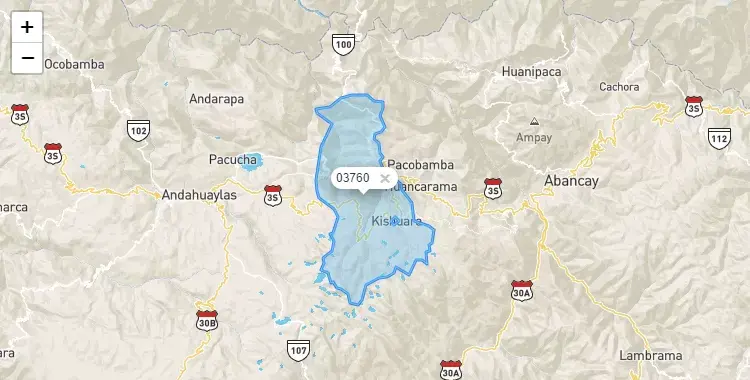Mapa de la zona del código postal 03760 en Kishuara, Apurimac