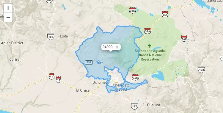 Mapa de la zona del código postal 04000 en Cayma, Arequipa