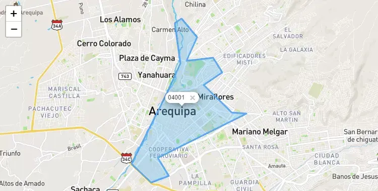 Mapa de la zona del código postal 04001 en Miraflores, Arequipa