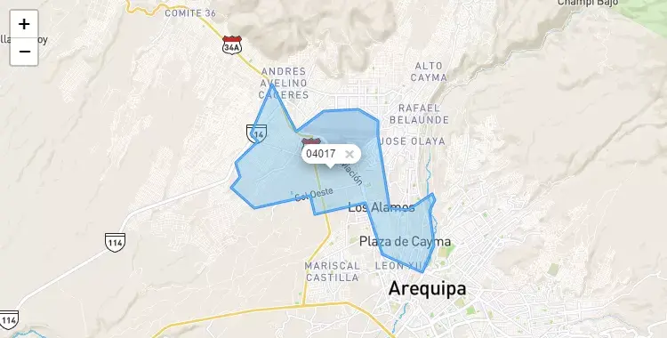 Mapa de la zona del código postal 04017 en Cerro Colorado, Arequipa