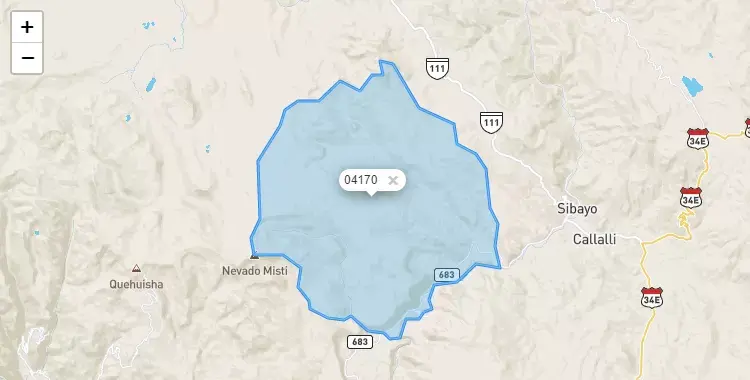 Mapa de la zona del código postal 04170 en Tuti, Arequipa