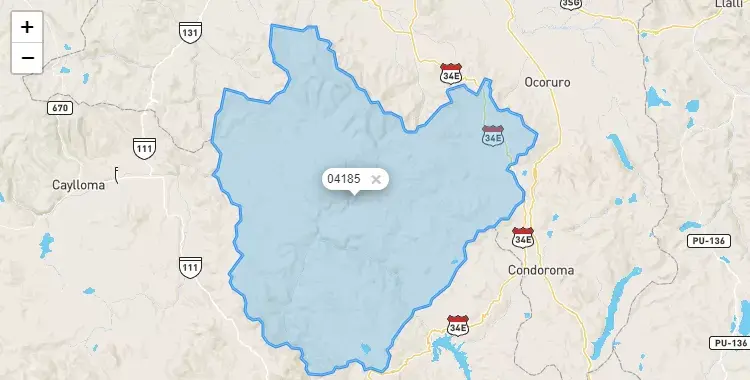 Mapa de la zona del código postal 04185 en Tisco, Arequipa
