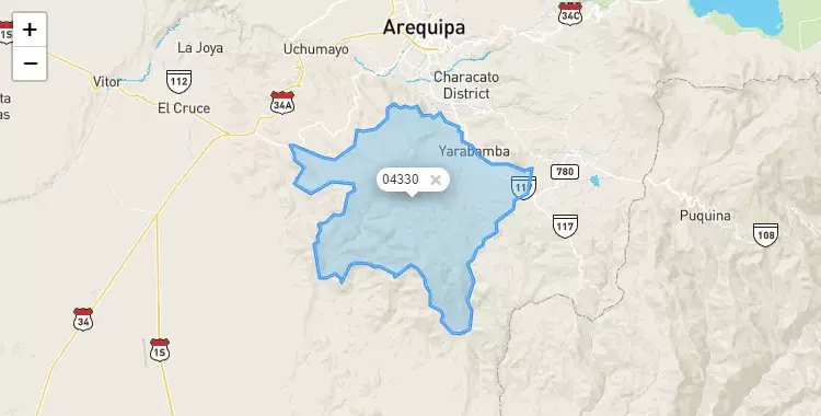 Mapa de la zona del código postal 04330 en Yarabamba, Arequipa
