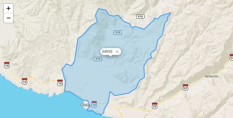 Mapa de la zona del código postal 04500 en Chala, Arequipa