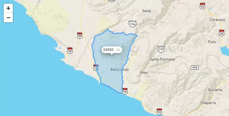 Mapa de la zona del código postal 04560 en Bella Unión, Arequipa