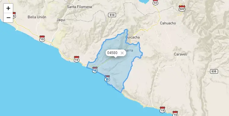 Mapa de la zona del código postal 04580 en Chaparra, Arequipa