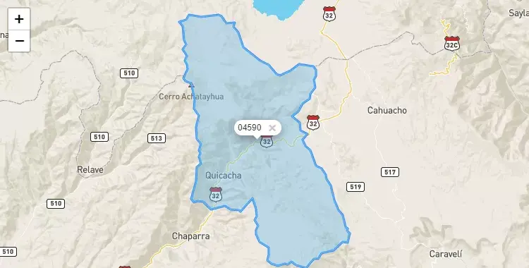Mapa de la zona del código postal 04590 en Quicacha, Arequipa