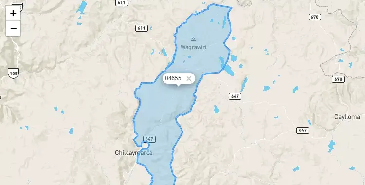 Mapa de la zona del código postal 04655 en Orcopampa, Arequipa