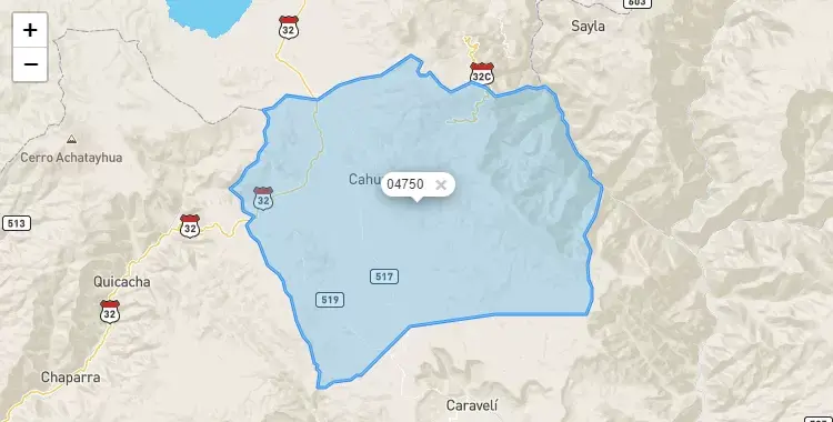 Mapa de la zona del código postal 04750 en Cahuacho, Arequipa