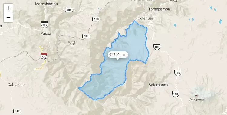 Mapa de la zona del código postal 04840 en Toro, Arequipa