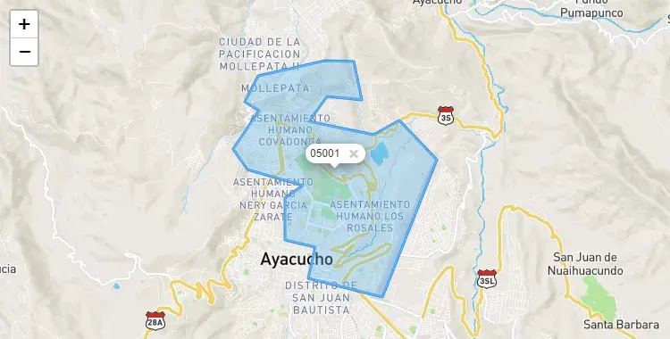 Mapa de la zona del código postal 05001 en San Juan Bautista, Ayacucho