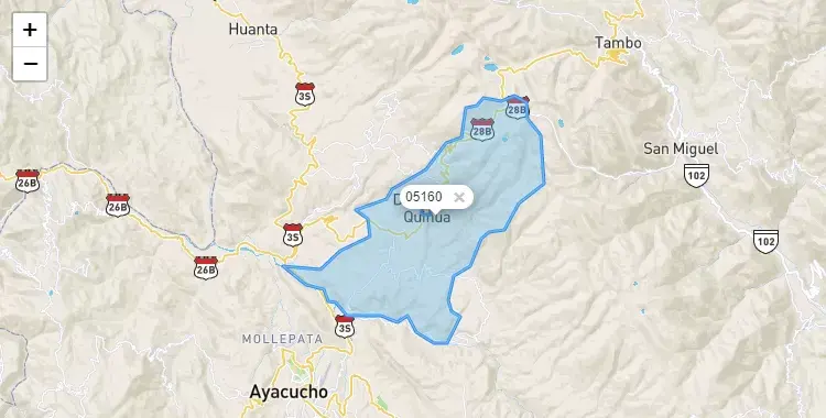 Mapa de la zona del código postal 05160 en Quinua, Ayacucho