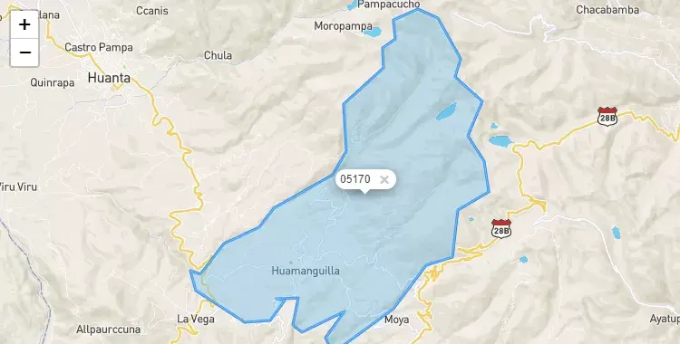 Mapa de la zona del código postal 05170 en Huamanguilla, Ayacucho
