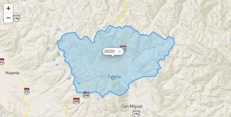 Mapa de la zona del código postal 05200 en Tambo, Ayacucho