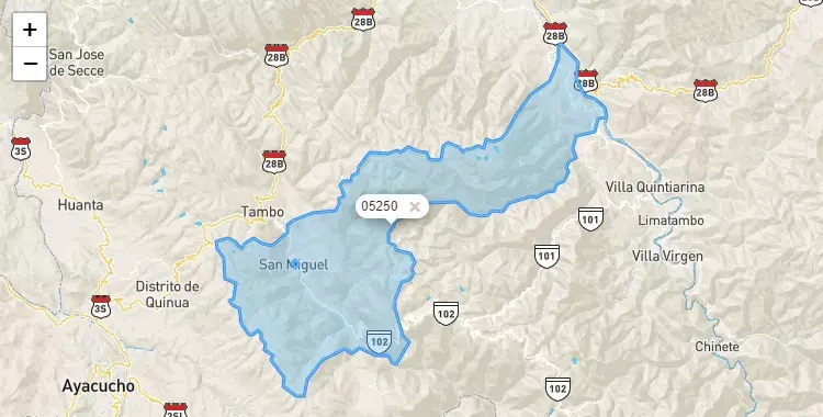Mapa de la zona del código postal 05250 en San Miguel, Ayacucho