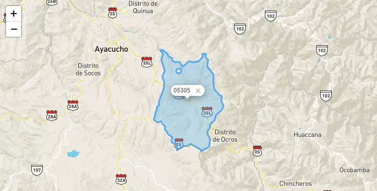 Mapa de la zona del código postal 05305 en Acocro, Ayacucho