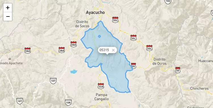 Mapa de la zona del código postal 05315 en Chiara, Ayacucho