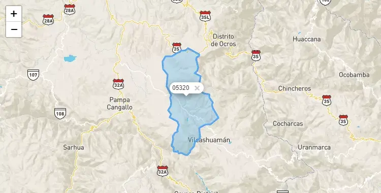 Mapa de la zona del código postal 05320 en Vischongo, Ayacucho