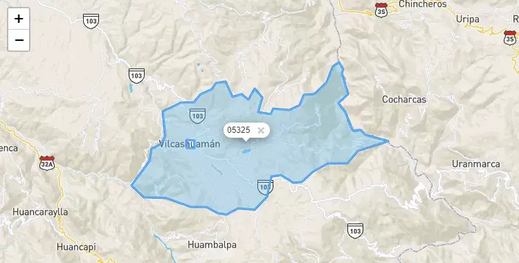 Mapa de la zona del código postal 05325 en Vilcas Huamán, Ayacucho