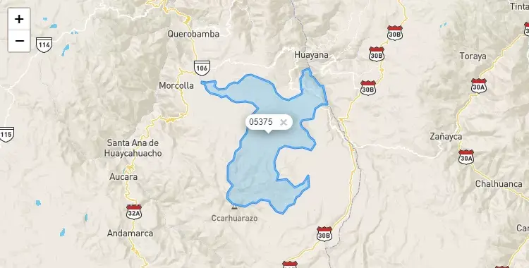 Mapa de la zona del código postal 05375 en Soras, Ayacucho