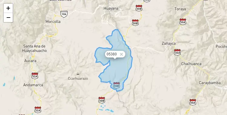 Mapa de la zona del código postal 05380 en San Pedro de Larcay, Ayacucho
