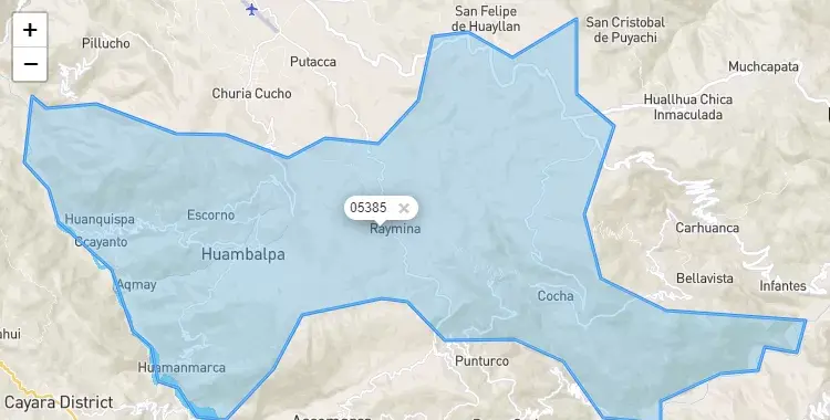 Mapa de la zona del código postal 05385 en Huambalpa, Ayacucho