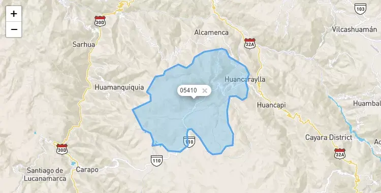 Mapa de la zona del código postal 05410 en Huancaraylla, Ayacucho