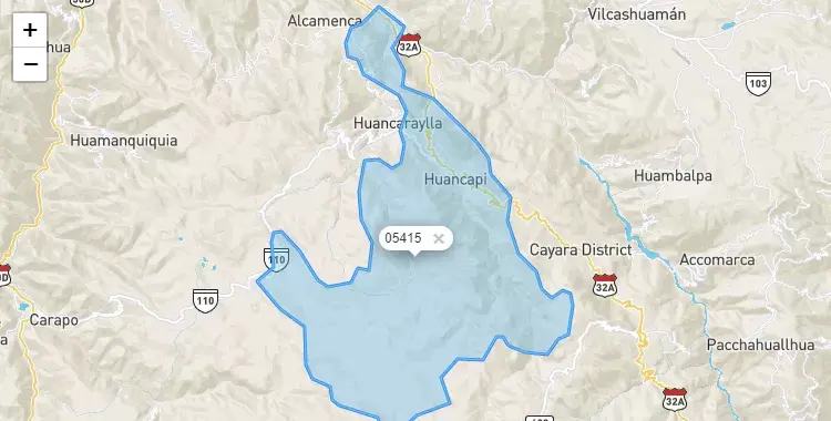 Mapa de la zona del código postal 05415 en Huancapi, Ayacucho