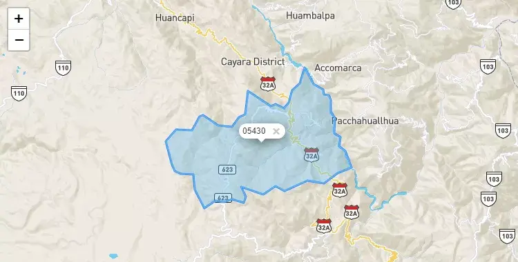 Mapa de la zona del código postal 05430 en Huaya, Ayacucho