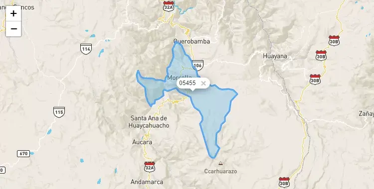 Mapa de la zona del código postal 05455 en Morcolla, Ayacucho