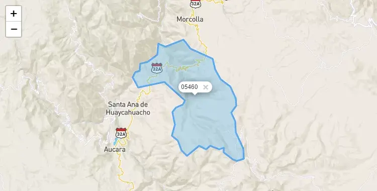 Mapa de la zona del código postal 05460 en Huacaña, Ayacucho
