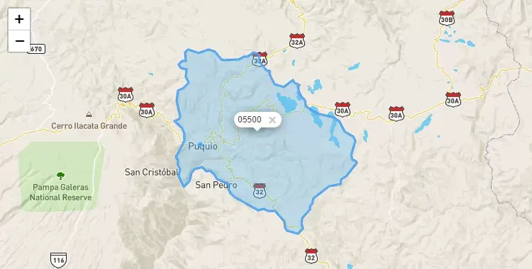 Mapa de la zona del código postal 05500 en Puquio, Ayacucho