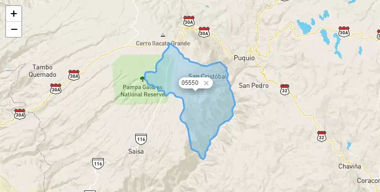 Mapa de la zona del código postal 05550 en San Cristobal, Ayacucho