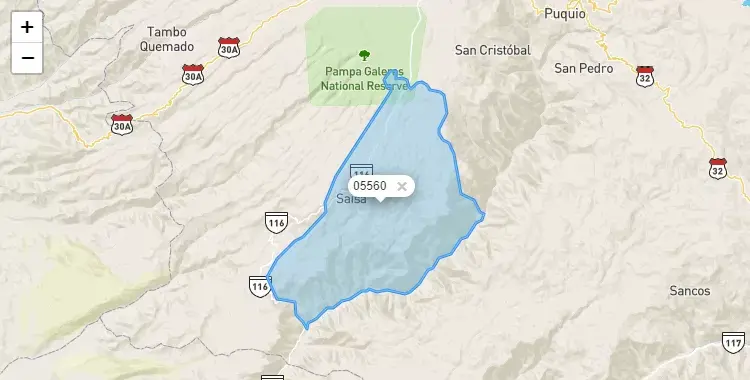 Mapa de la zona del código postal 05560 en Saisa, Ayacucho