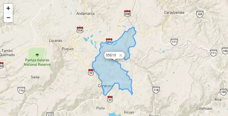 Mapa de la zona del código postal 05610 en Coracora, Ayacucho
