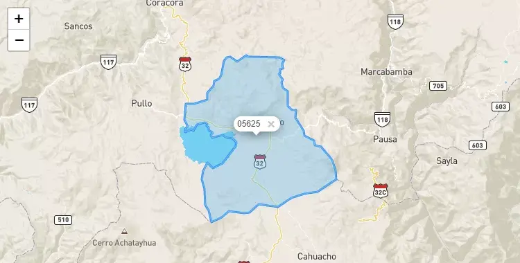 Mapa de la zona del código postal 05625 en Puyusca, Ayacucho