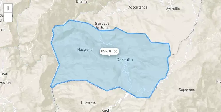 Mapa de la zona del código postal 05670 en Corculla, Ayacucho