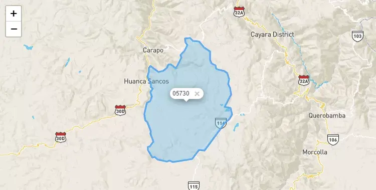 Mapa de la zona del código postal 05730 en Sacsamarca, Ayacucho